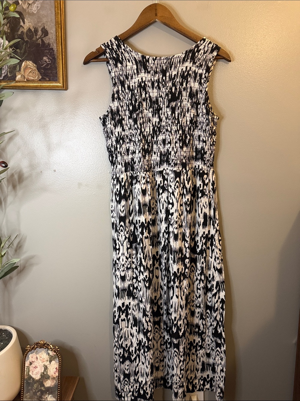 Elementz Petite XL Black White Boho Ikat Smocked Rayon Maxi Dress - Picture 8 of 8